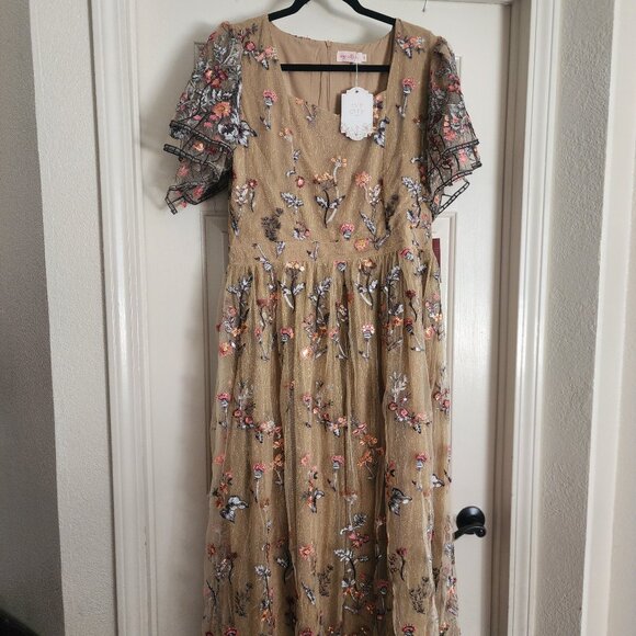 Ivy City Co Tan Floral Embroidered Maxi Dress - Picture 2 of 6